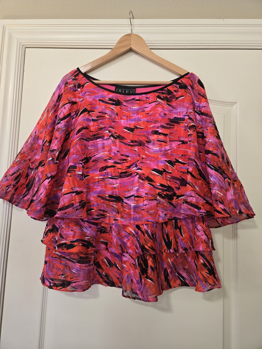 Alex Evenings Pink Red Black Abstract Layered Flutter Flowy Blouse